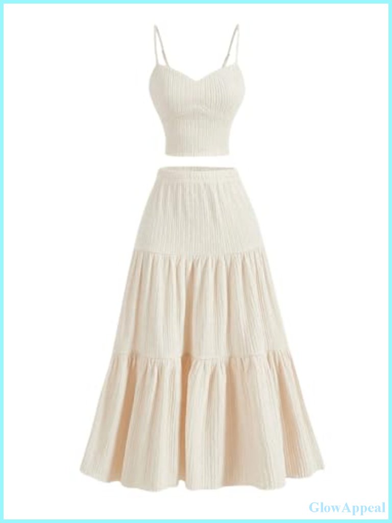 2 Piece Maxi Skirt Set Cami Crop Top Ruffle Hem Flowy Midi Skirt Vacation